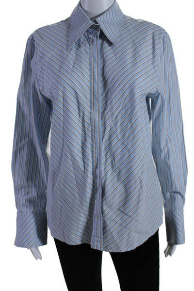 Escada Womens Cotton Striped Long Sleeve Button Up Blouse Top Blue Size 40