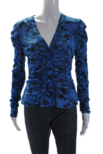 DVF Womens Floral Print Colorblock Buttoned Long Sleeve Blouse Blue Size M