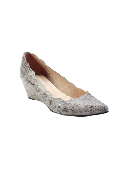 FS/NY Womens Wedge Heel Pointed Toe Scalloped Pumps Gray Leather Size 6B