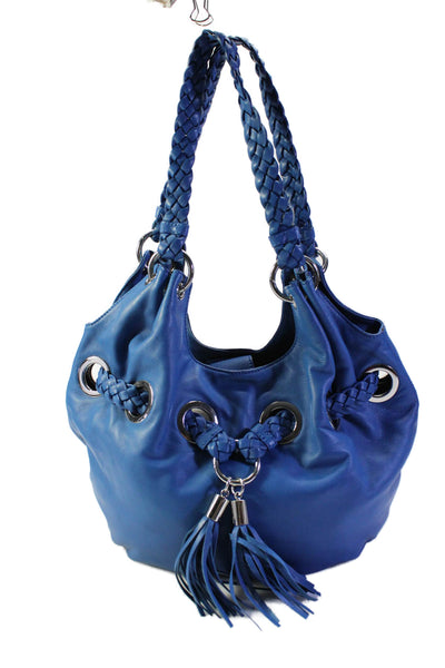 Michael Michael Kors Womens Braided Handle Grommet Shoulder Handbag Blue Leather