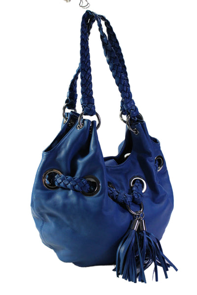 Michael Michael Kors Womens Braided Handle Grommet Shoulder Handbag Blue Leather