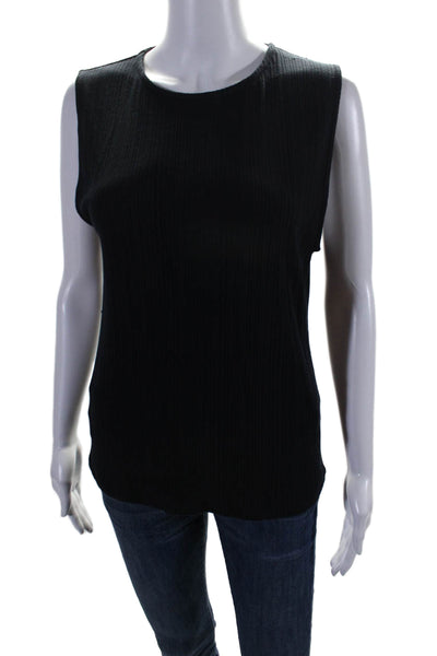 Vince Womens Solid Black Ribbed Knit Crew Neck Sleeveless Tank Top Size L