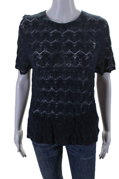 Vince Womens Cotton Open Knit Navy Crew Neck Short Sleeve Blouse Top Size L