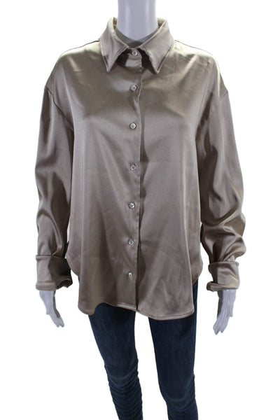 The Tile Club Womens Satin Beige Collar Long Sleeve Button Down Shirt Size M