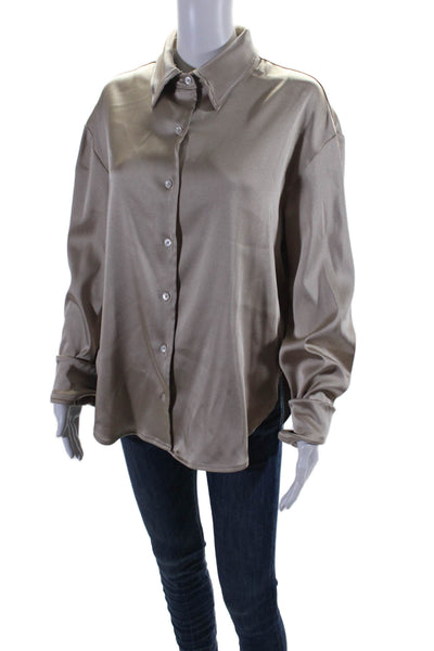 The Tile Club Womens Satin Beige Collar Long Sleeve Button Down Shirt Size M