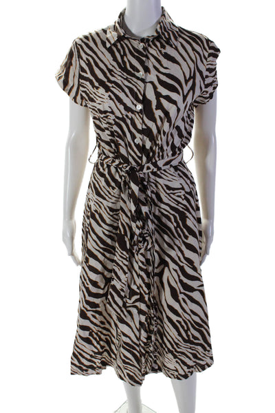 Seventy Womens Short Sleeve Zebra Print Tie Waist Shirt Dress Brown Size 40