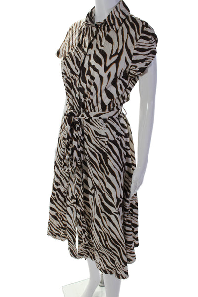 Seventy Womens Short Sleeve Zebra Print Tie Waist Shirt Dress Brown Size 40