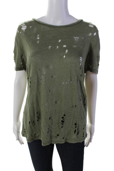 IRO Womens Linen Distressed Round Neck Short Sleeve T-Shirt Top Green Size 0