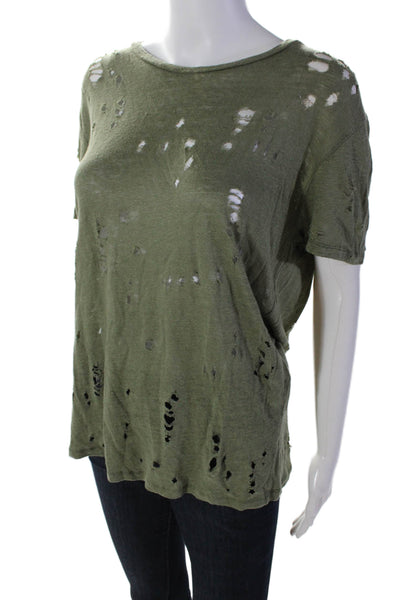 IRO Womens Linen Distressed Round Neck Short Sleeve T-Shirt Top Green Size 0