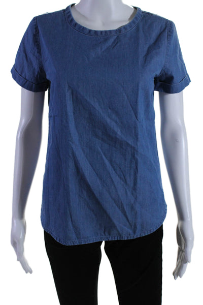 J Crew Womens Short Sleeve Round Neck Chambray Tee Shirt Blue Cotton Size XS