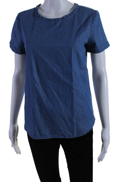 J Crew Womens Short Sleeve Round Neck Chambray Tee Shirt Blue Cotton Size XS