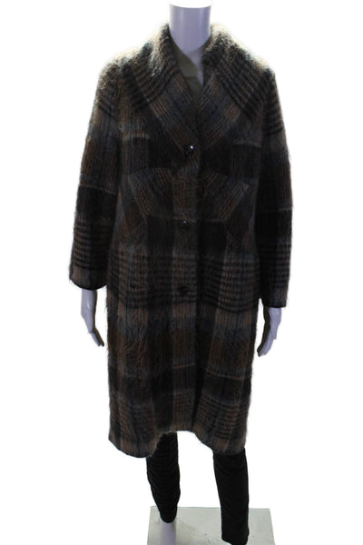 Salvatore Ferragamo Womens Mohair Plaid Button Down Coat Brown Blue Size Small