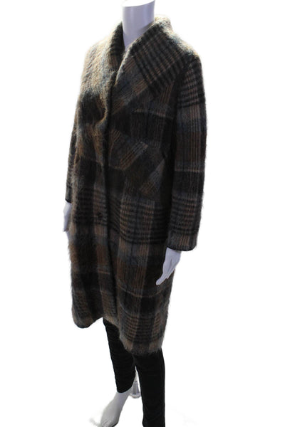 Salvatore Ferragamo Womens Mohair Plaid Button Down Coat Brown Blue Size Small