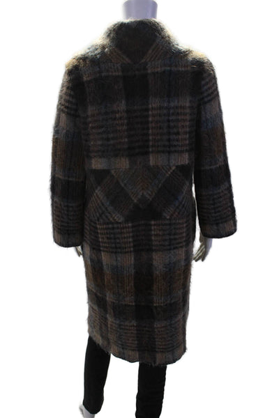 Salvatore Ferragamo Womens Mohair Plaid Button Down Coat Brown Blue Size Small