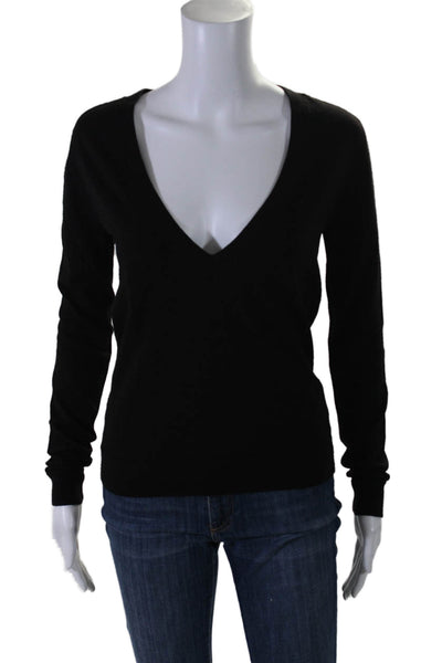 Theory Womens Merino Wool V-Neck Long Sleeve Pullover Sweater Black Size P