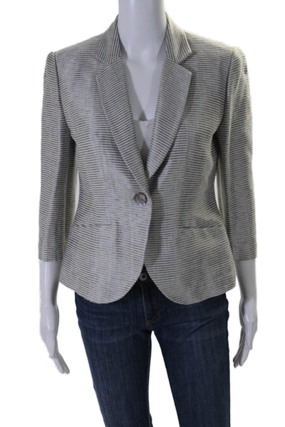 Elaine Kim Womens Striped Ribbed Texture Long Sleeve Button Blazer Silver Size 4