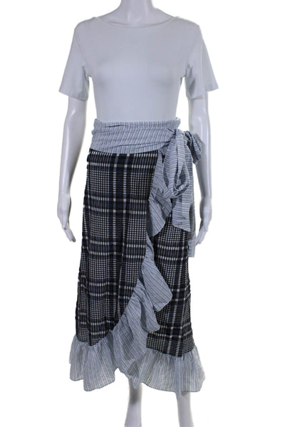 Ganni Womens Cotton Plaid Ruffle Trim Midi Wrap Skirt Blue Size 34