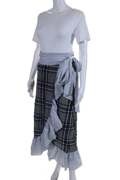 Ganni Womens Cotton Plaid Ruffle Trim Midi Wrap Skirt Blue Size 34