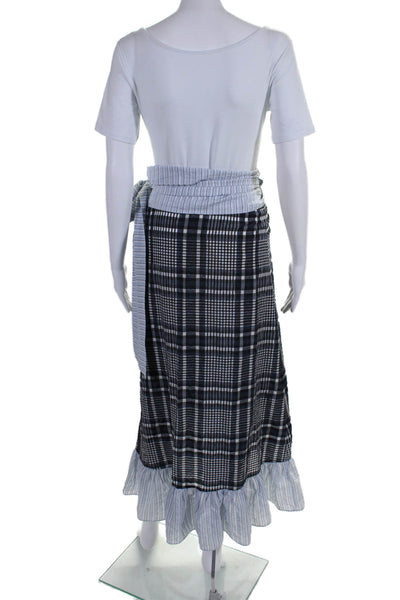 Ganni Womens Cotton Plaid Ruffle Trim Midi Wrap Skirt Blue Size 34