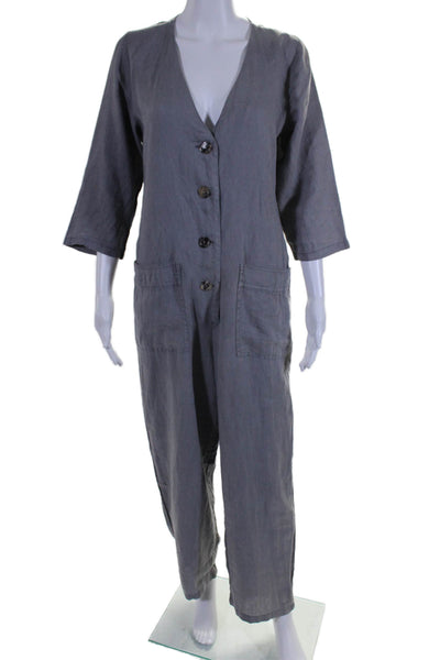 Zara Womens Button Front 3/4 Sleeve V Neck Linen Jumpsuit Gray Size Small