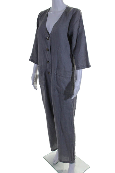 Zara Womens Button Front 3/4 Sleeve V Neck Linen Jumpsuit Gray Size Small