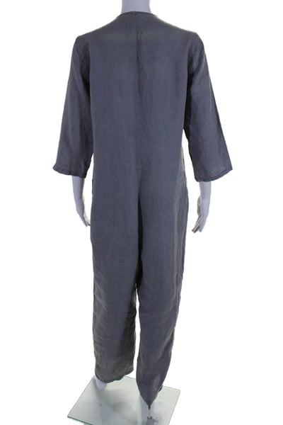 Zara Womens Button Front 3/4 Sleeve V Neck Linen Jumpsuit Gray Size Small