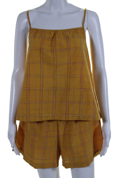 Else Womens Spaghetti Strap Plaid Tank Top Shorts Set Yellow Cotton Size Medium