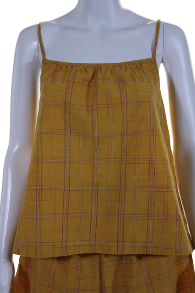 Else Womens Spaghetti Strap Plaid Tank Top Shorts Set Yellow Cotton Size Medium