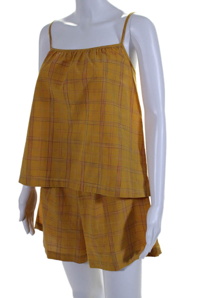 Else Womens Spaghetti Strap Plaid Tank Top Shorts Set Yellow Cotton Size Medium