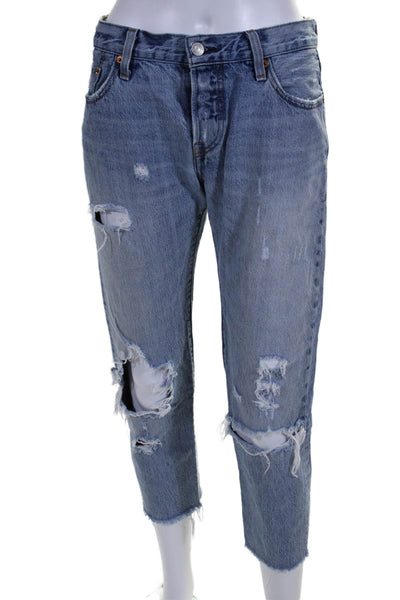 Levis Womens Button Fly High Rise Distressed Fringe Cropped Jeans Blue Size 25