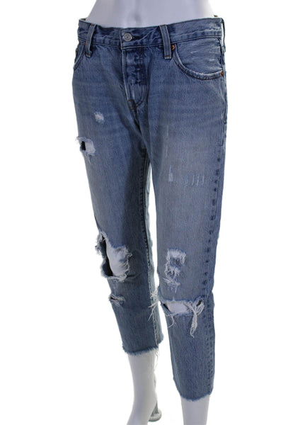 Levis Womens Button Fly High Rise Distressed Fringe Cropped Jeans Blue Size 25