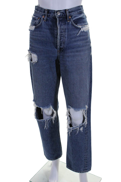 Agolde Womens High Rise Distressed Straight Leg Jeans Blue Size 26