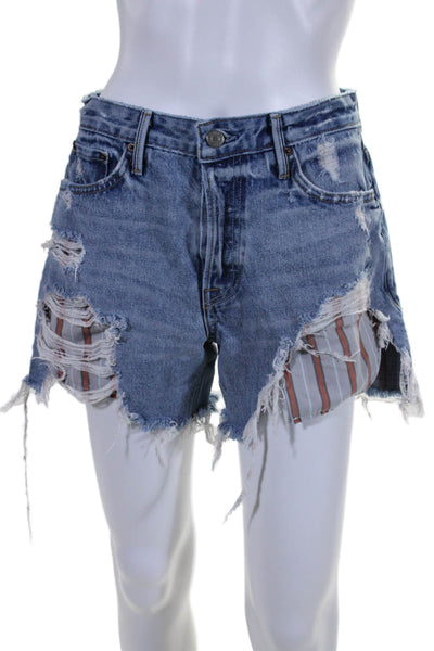 Grlfrnd Womens Button Fly Distressed Fringe Denim Shorts Blue Size 26