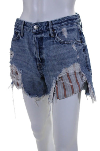 Grlfrnd Womens Button Fly Distressed Fringe Denim Shorts Blue Size 26