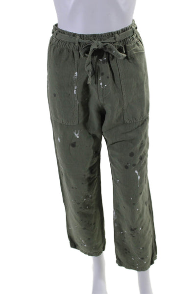 NSF Womens Linen Blend Paint Print High Rise Belted Pants Green Size Petite