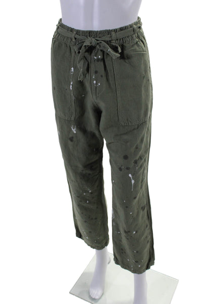 NSF Womens Linen Blend Paint Print High Rise Belted Pants Green Size Petite