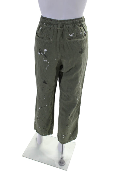 NSF Womens Linen Blend Paint Print High Rise Belted Pants Green Size Petite