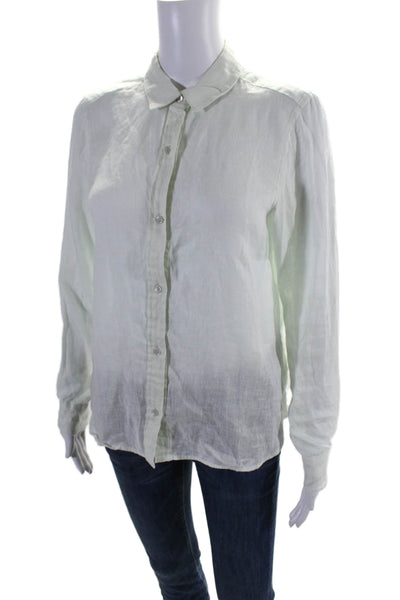 Ecru Womens Linen Collared Long Sleeve Button Up Blouse Top Green Size S