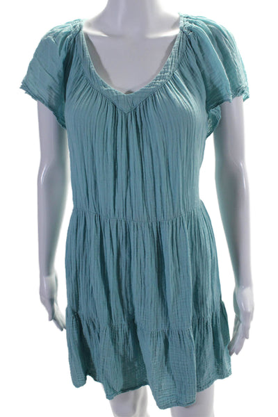 Velvet Womens Cotton V-Neck Short Sleeve Pullover Tiered Mini Dress Blue Size S