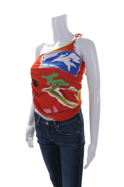 Monse Womens Floral Print Ruched One Shoulder Sleeveless Tied Blouse Red Size S