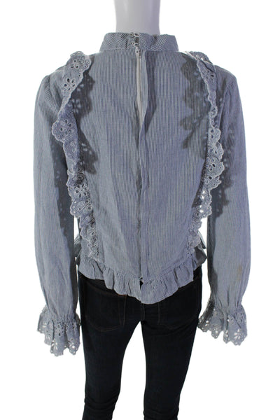 Tularosa Womens Cotton Striped Long Sleeve Embroidered Ruffle Blouse Blue Size S