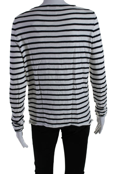 Allude Womens Cotton Knit Striped Print Long Sleeve Shirt White Black Size XS