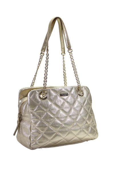 Kate Spade New York Womens Metallic Quilted Shoulder Handbag Gold Tone Leather