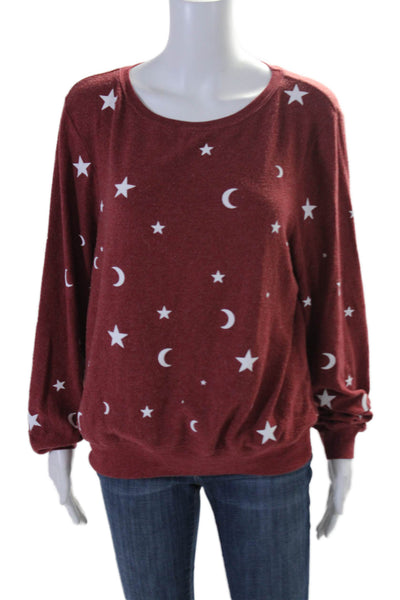 Wildfox Womens Fleece Star Moon Print Long Sleeve Pullover Sweatshirt Red Size S