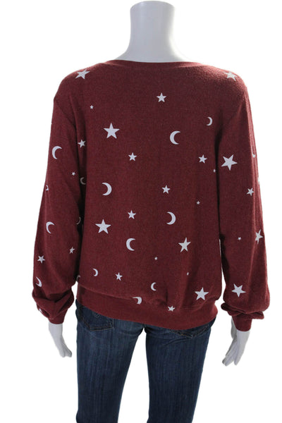 Wildfox Womens Fleece Star Moon Print Long Sleeve Pullover Sweatshirt Red Size S