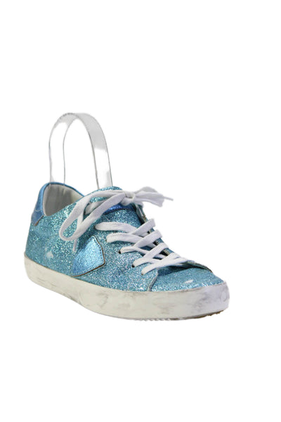 Philippe Model Womens Glitter Print Lace-Up Patchwork Sneakers Blue Size EUR 37