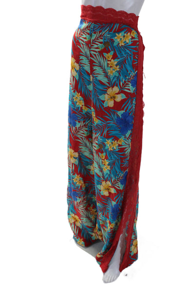 Miguelina Womens Ultra High Risde Lace Trim Floral Linen Pants Red Multi Medium