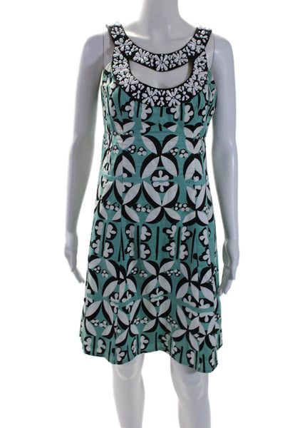 Nanette Lepore Womens Sleeveless Printed Beaded Dress Green White Cotton Size 8