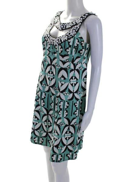 Nanette Lepore Womens Sleeveless Printed Beaded Dress Green White Cotton Size 8