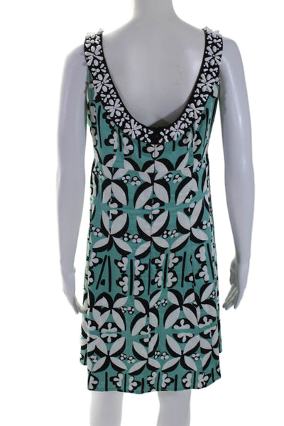 Nanette Lepore Womens Sleeveless Printed Beaded Dress Green White Cotton Size 8